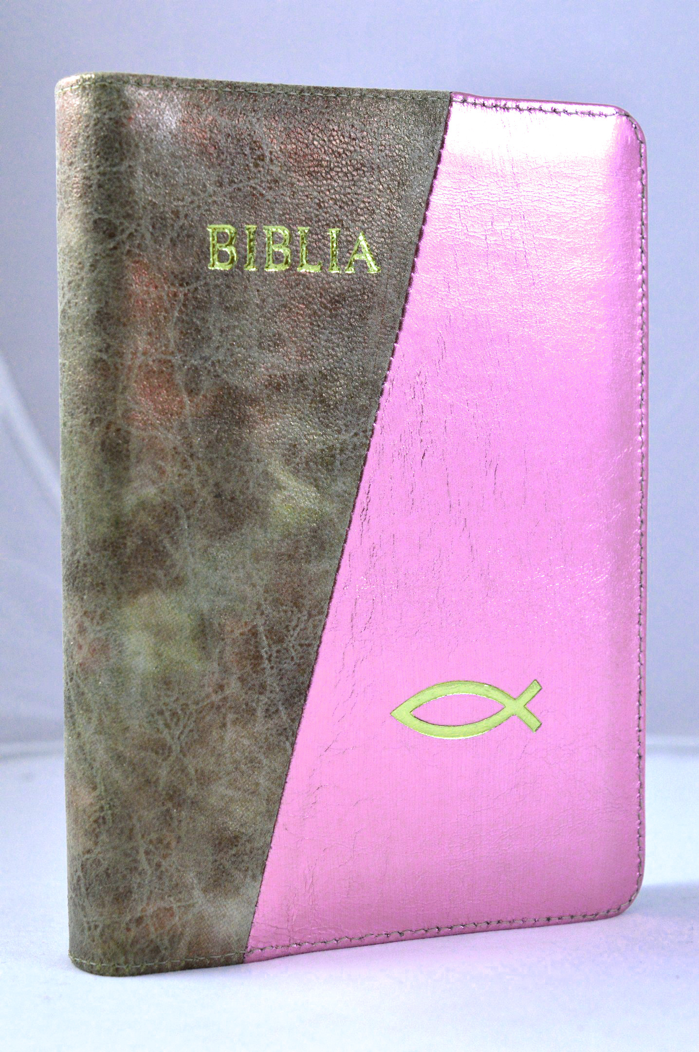 Biblia de piele, marime medie, bej / roz, margini aurii, simbol peste, cuv. lui Isus cu rosu [052]