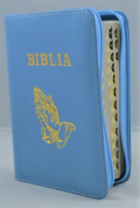 Biblia format mic, din piele, culoare albastra, index, fermoar, margini argintii,simbolul maini in ruga, cuv. lui Isus in rosu [047 PFI]