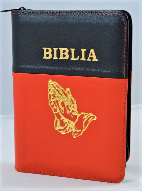 Biblia format mic, din piele, culoare rosu cu negru , index, fermoar, margini argintii, cu maini in ruga cuv. lui Isus in rosu [047 PFI]