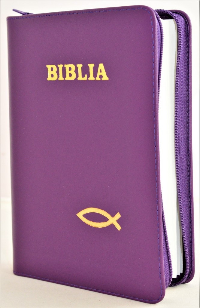 Biblia din piele, marime medie, culoare mov, fermoar, simbol peste, cuv. lui Isus cu rosu [053]