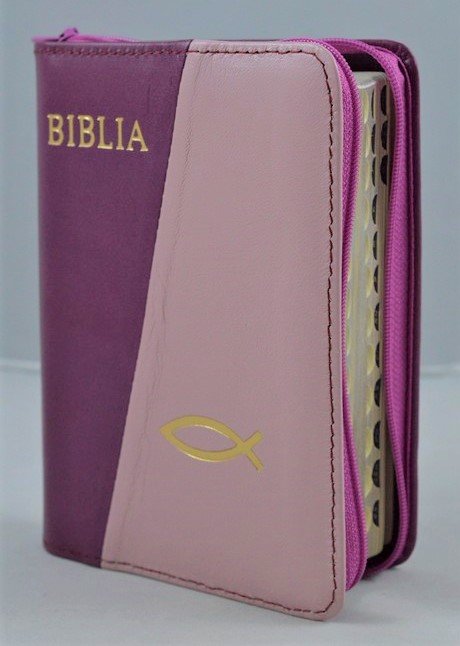 Biblia format mic, din piele, culoare  mov/roz pal, index, fermoar, margini argintii,simbolul peste, cuv. lui Isus in rosu [047 PFI]