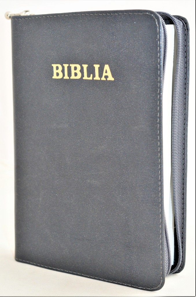 Biblia din piele, marime medie, gri sidefat, fermoar, cuv. lui Isus cu rosu [053]