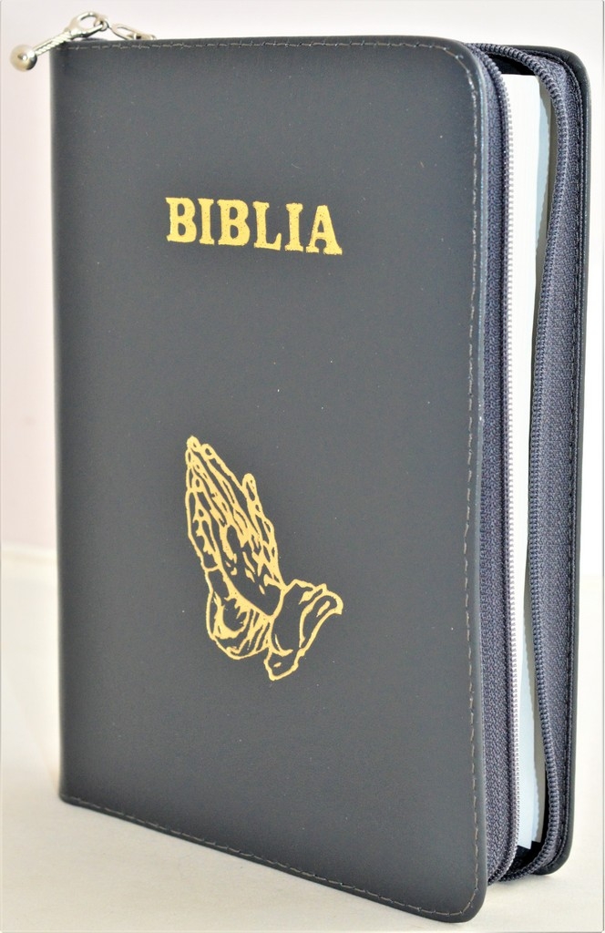 Biblia din piele, marime medie, gri inchis sidefat, fermoar, simbol maini in ruga, cuv. lui Isus cu rosu [053]