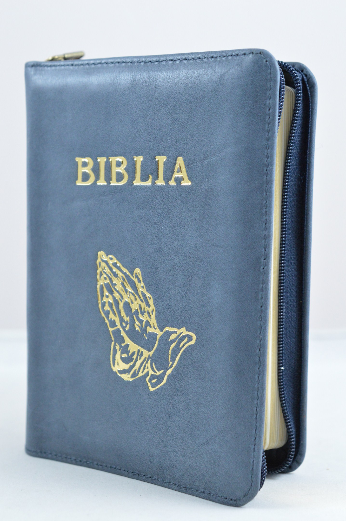 Biblie din piele, mica,cenusiu cu maini, fermoar, aurita, cuv. lui Isus in rosu [043 A]