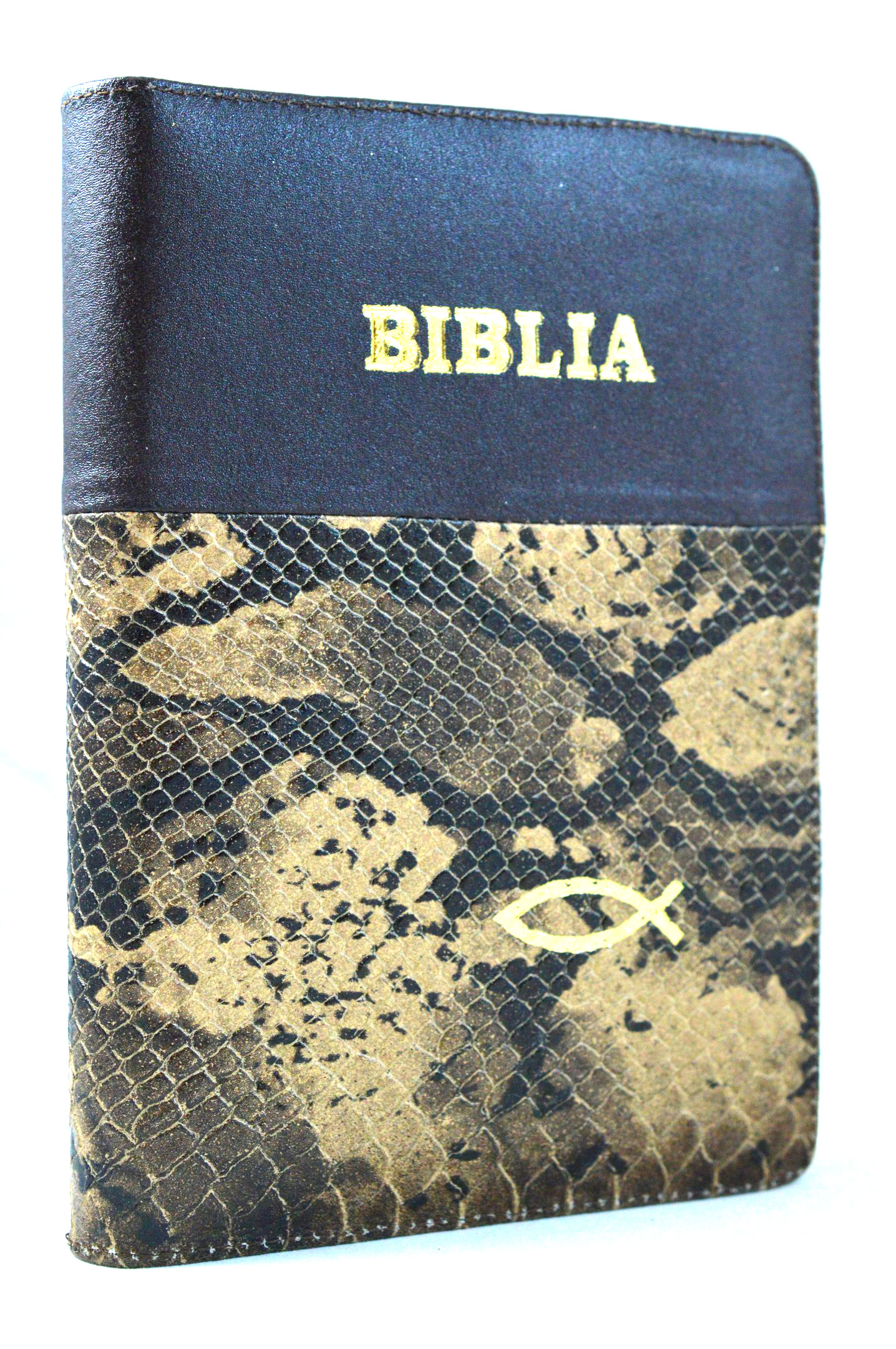 Biblia din piele, marime medie, maro inchis-bej, fermoar, margini aurite, simbol peste, cuv. lui Isus cu rosu [052]