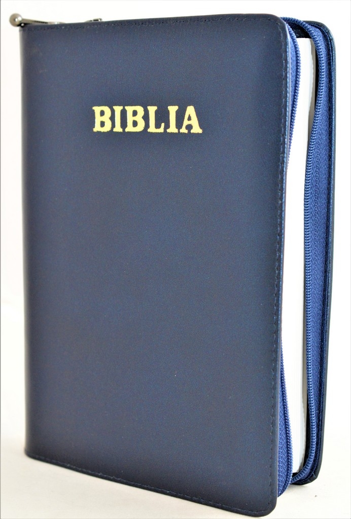 Biblia din piele, marime medie, bleumarin, fermoar, cuv. lui Isus cu rosu [053]