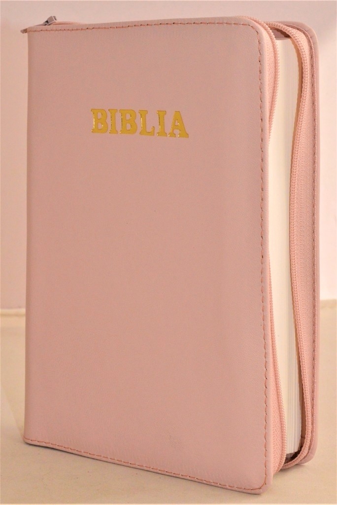 Biblia din piele, marime medie, nuanta roz pudra, fermoar, cuv. lui Isus cu rosu [053]