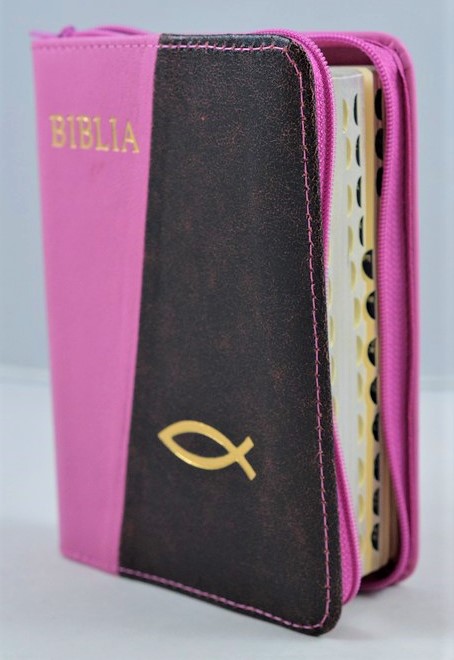 Biblia format mic, din piele, culoare  roz/maro, index, fermoar, margini argintii,simbolul peste, cuv. lui Isus in rosu [047 PFI]