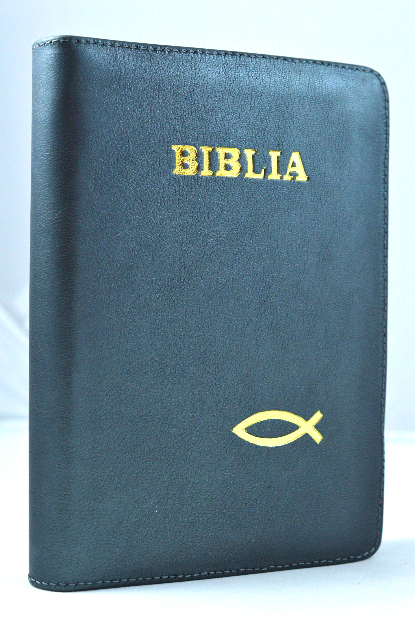 Biblia din piele, marime medie, bleumarin cu peste , fermoar, aurita, cuv. lui Isus cu rosu [052]