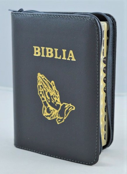 Biblia mica, din piele, culoare gri inchis, index, fermoar, margini aurii,simbolul maini in ruga, cuv. lui Isus in rosu [047 PFI]