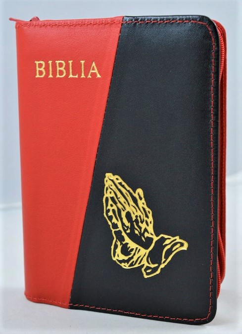 Biblia format mic, din piele, culoare rosu/negru, index, fermoar, margini aurii, cu maini in ruga, cuv. lui Isus in rosu [047 PFI]