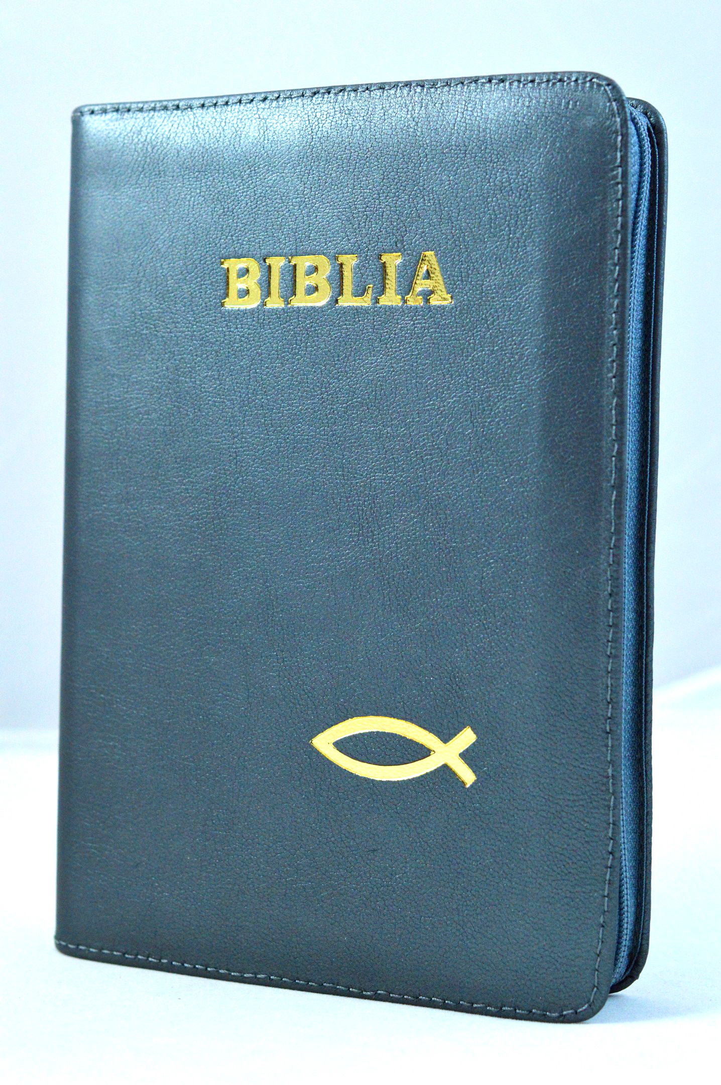 Biblia din piele, marime medie, albastru metalic, fermoar, cu peste, cuv. lui Isus cu rosu [053]