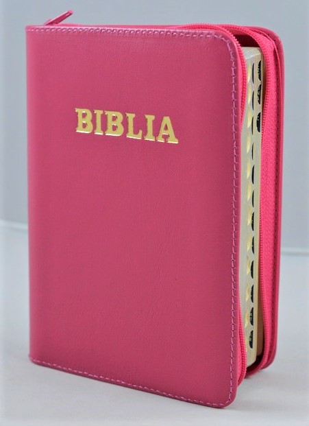 Biblia format mic, din piele, culoare roz, index, fermoar, margini aurii, cuv. lui Isus in rosu [047 PFI]