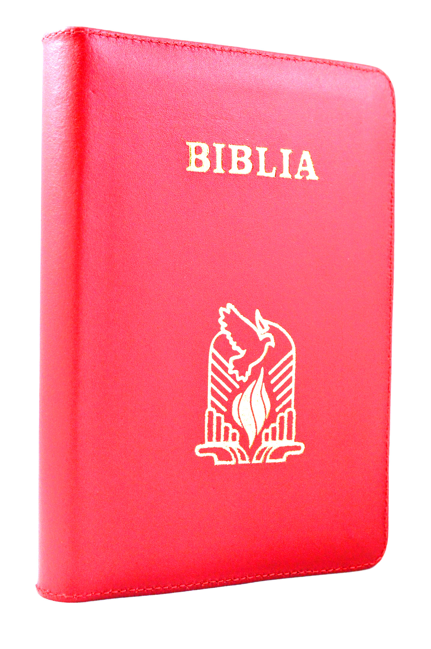 Biblia de piele, marime medie, rosie, margini aurii, simbol porumbel, cuv. lui Isus cu rosu [052]