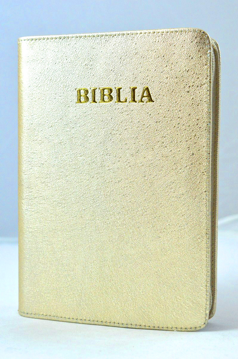 Biblia de piele, marime medie, culoare aurie, margini aurii, cuv. lui Isus cu rosu [052]