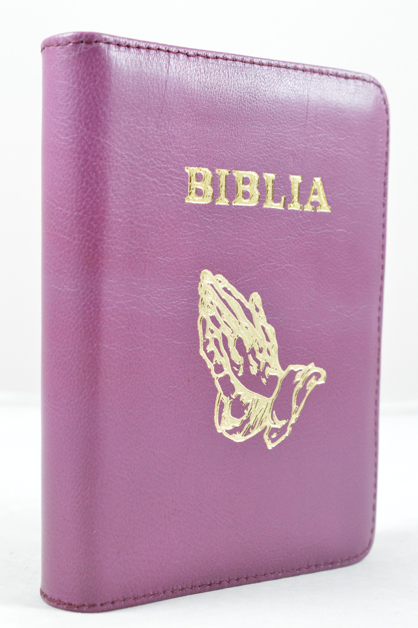 Biblia format mic, din piele, culoare mov, index, fermoar, margini argintii,simbolul maini in ruga, cuv. lui Isus in rosu [047 PFI]