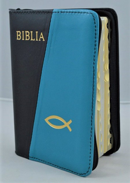 Biblia format mic, din piele, culoare  negru/albastru turcoaz, index, fermoar, margini argintii,simbolul peste, cuv. lui Isus in rosu [047 PFI]