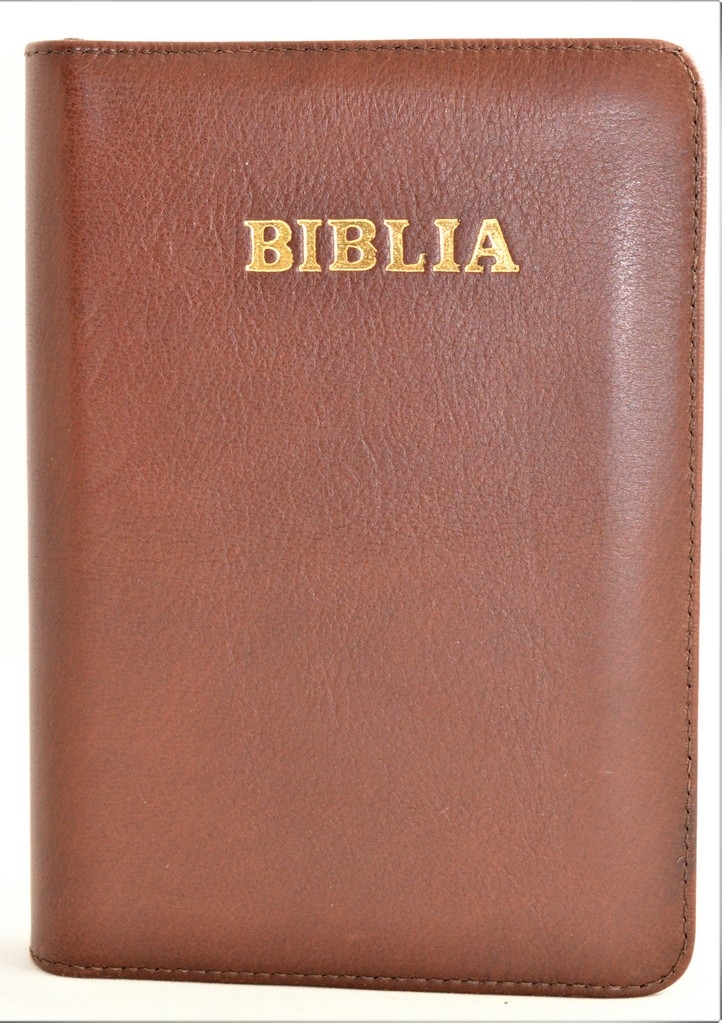 Biblia din piele, marime medie, maro - roscat, fermoar, cuv. lui Isus cu rosu [053]