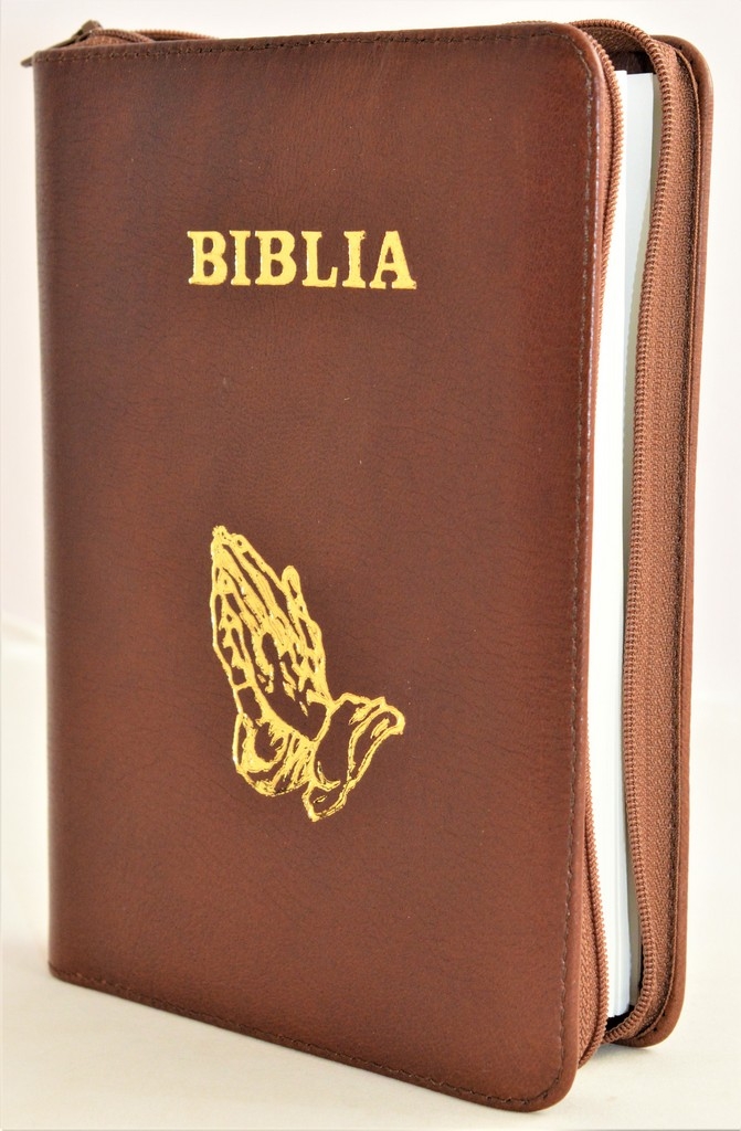 Biblia din piele, marime medie, maro - roscat, fermoar, simbol maini in ruga, cuv. lui Isus cu rosu [053]