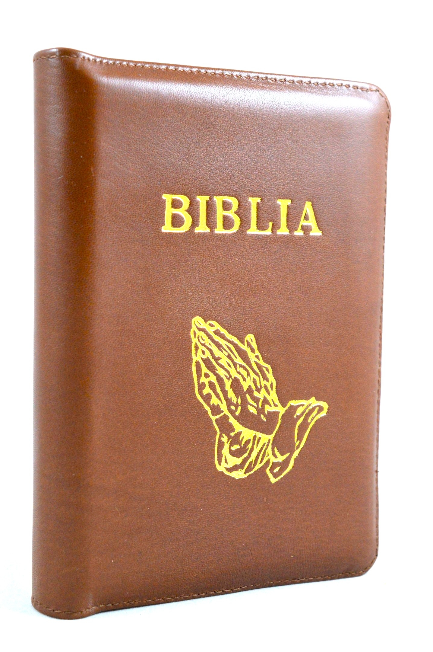 Biblie din piele, mica,maro roscat cu maini, fermoar, aurita, cuv. lui Isus in rosu si index [047 pfi]