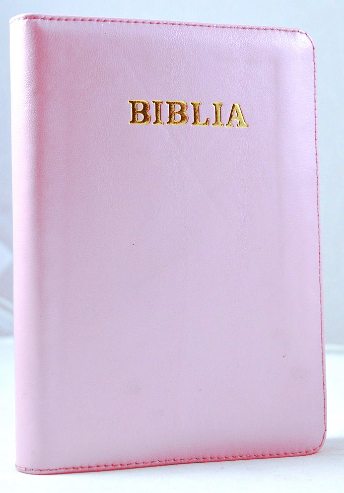 Biblia de piele, marime medie, roz pal, margini aurii, cuv. lui Isus cu rosu [052]