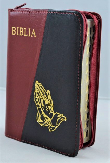 Biblia format mic, din piele, culoare visiniu/negru, index, fermoar, margini aurii, cu maini in ruga, cuv. lui Isus in rosu [047 PFI]