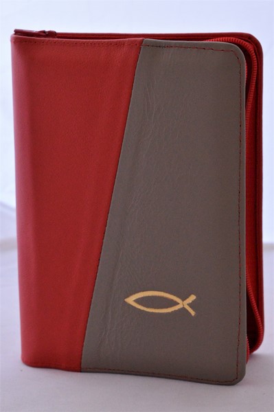 Biblie din piele, mica, rosu/gri, fermoar, margini albe, simbolul peste, cuv. lui Isus in rosu [043 PF]