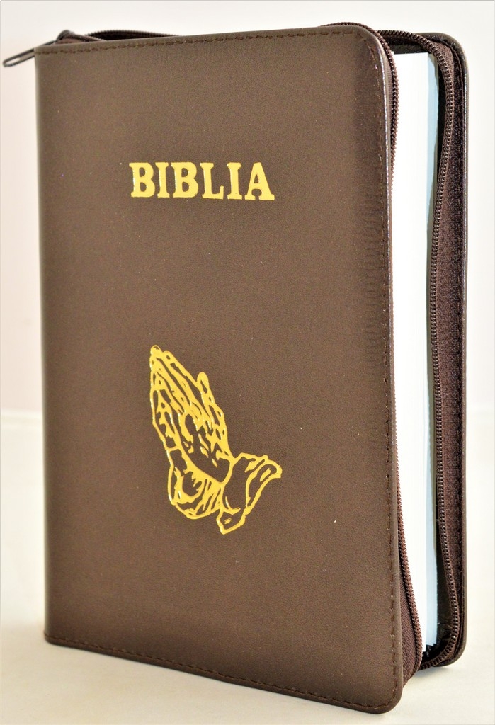 Biblia din piele, marime medie, maro sidefat, fermoar, simbol maini in ruga, cuv. lui Isus cu rosu [053]