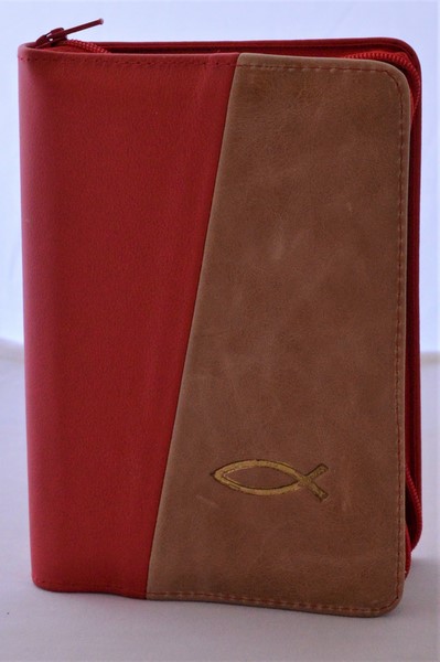 Biblie din piele, mica, rosu/maro, fermoar, margini albe, simbolul peste, cuv. lui Isus in rosu [043 PF]