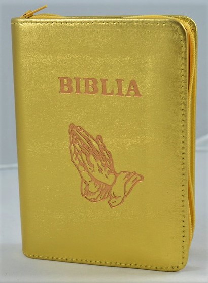 Biblia format mic, din piele, culoare aurie, index, fermoar, margini argintii,simbolul maini in ruga, cuv. lui Isus in rosu [047 PFI]