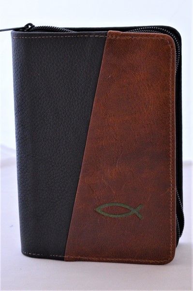 Biblie din piele, mica, negru/maro roscat, fermoar, margini albe, simbolul peste, cuv. lui Isus in rosu [043 PF]