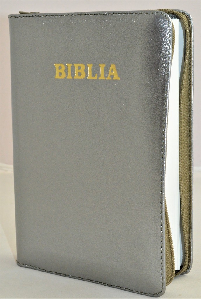 Biblia din piele, marime medie, olive sidefat, fermoar, cuv. lui Isus cu rosu [053]