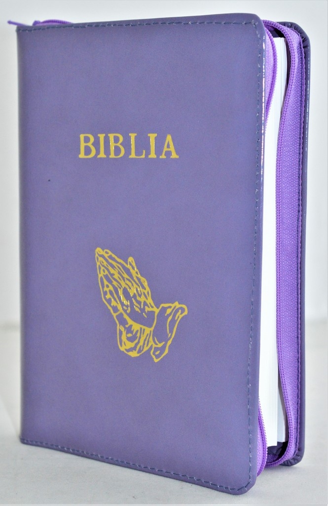 Biblia din piele, marime medie, mov colombin, fermoar, simbol maini in ruga, cuv. lui Isus cu rosu [053]