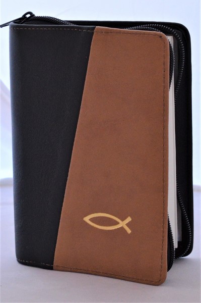 Biblie din piele, mica, negru/maro deschis, fermoar, margini albe, simbolul peste, cuv. lui Isus in rosu [043 PF]