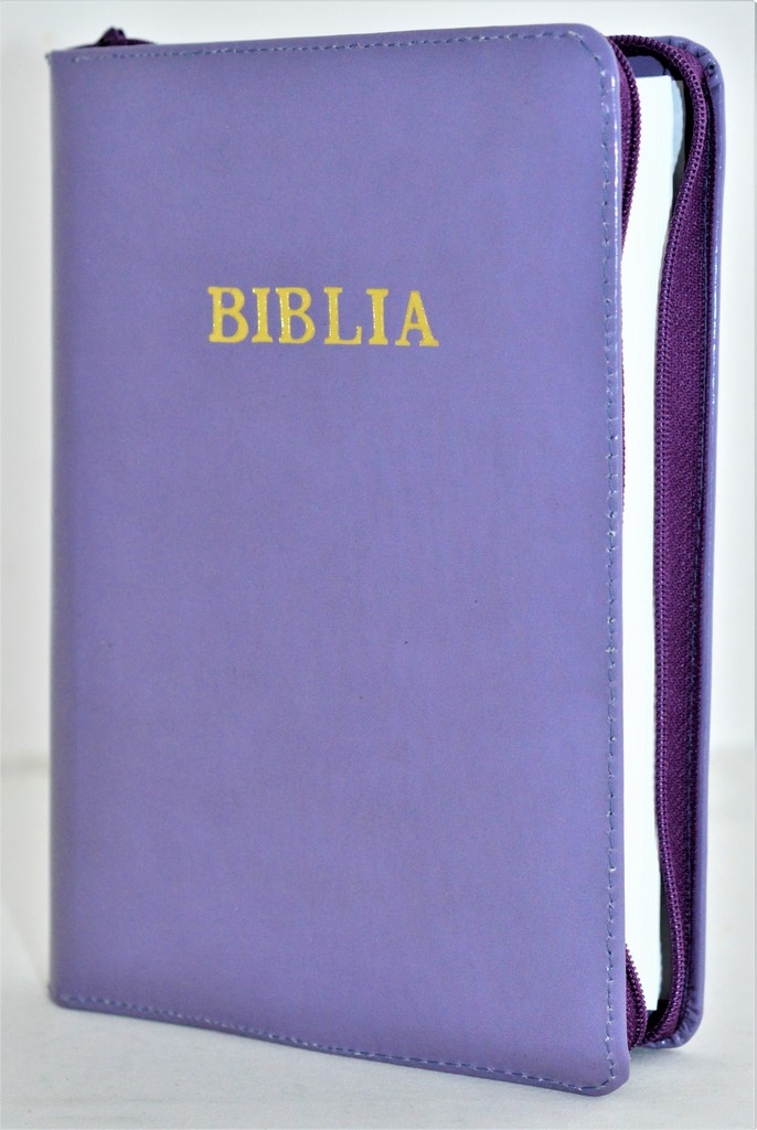 Biblia din piele, marime medie, mov colombin, fermoar, cuv. lui Isus cu rosu [053]