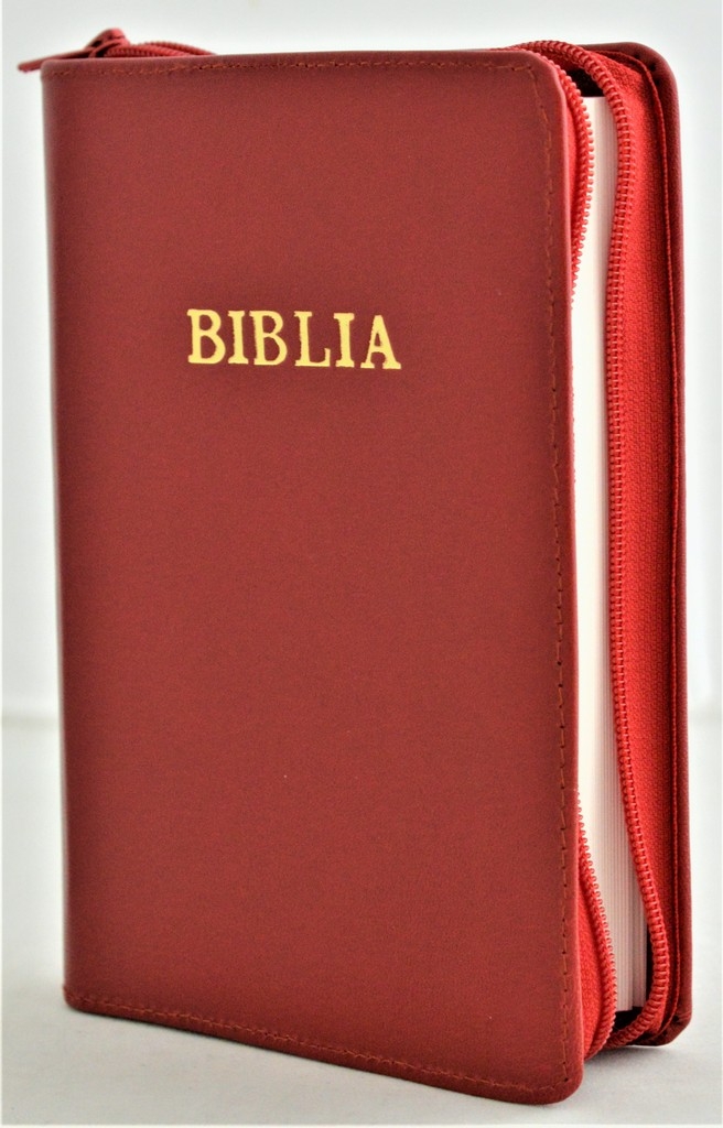 Biblia din piele, marime medie, rosu inchis, fermoar, cuv. lui Isus cu rosu [053]