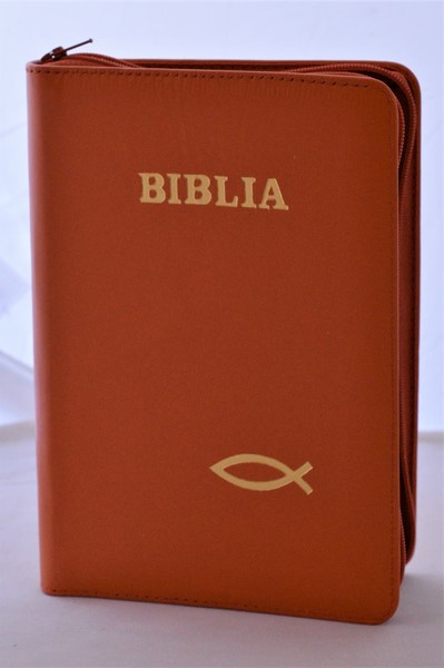Biblia din piele, medie, portocalie, fermoar, aurita, simbolul peste, cuv. lui Isus cu rosu [052]