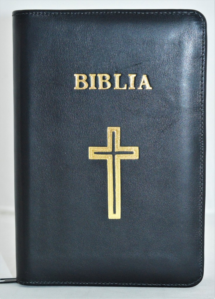 Biblia din piele, marime medie, culoare neagra, simbol cruce, cuv. lui Isus cu rosu [053]