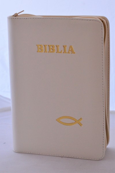 Biblia din piele, medie, bej deschis, fermoar, aurita, simbolul peste, cuv. lui Isus cu rosu [052]
