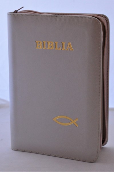 Biblia din piele, medie, nuanta de bej, fermoar, aurita, simbolul peste, cuv. lui Isus cu rosu [052]