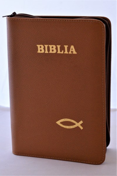 Biblia din piele, medie, maro, fermoar, aurita, simbolul peste, cuv. lui Isus cu rosu [052]