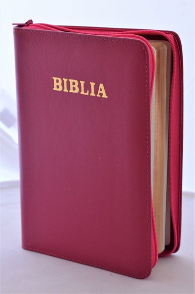 Biblia din piele, medie, roz inchis, fermoar, aurita, cuv. lui Isus cu rosu [052]