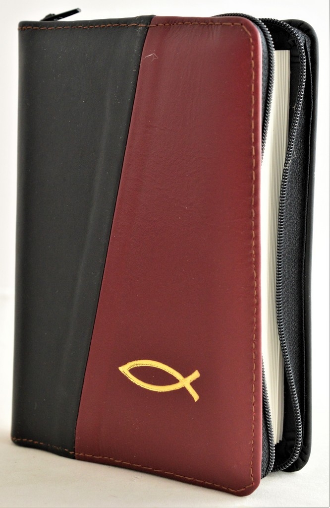 Biblie din piele, mica, culoare negru / visiniu, fermoar, margini albe, simbolul peste, cuv. lui Isus in rosu [043 PF]