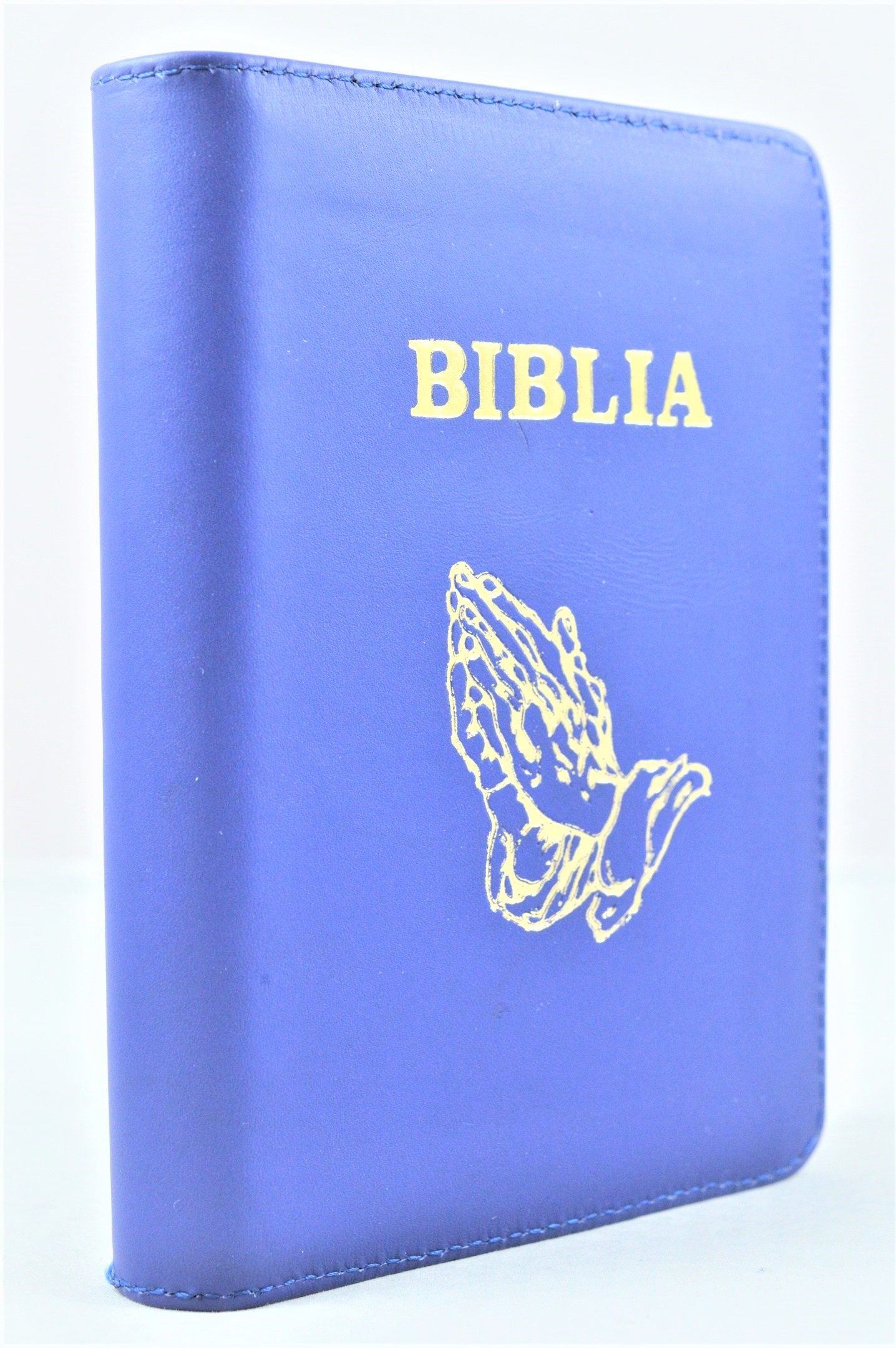 Biblia format mic, din piele, albastra, index, fermoar, margini argintii, simbol maini, cuv. lui Isus in rosu [047 PFI]
