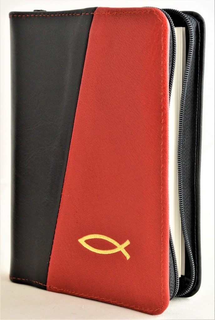 Biblie din piele, mica, culoare negru / rosie, fermoar, margini albe, simbolul peste, cuv. lui Isus in rosu [043 PF]