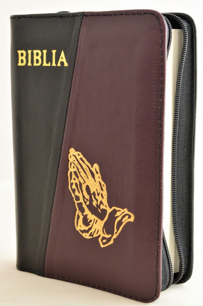 Biblie din piele, mica, negru / bordo, fermoar, margini albe, simbolul maini in ruga, cuv. lui Isus in rosu [043 PF]
