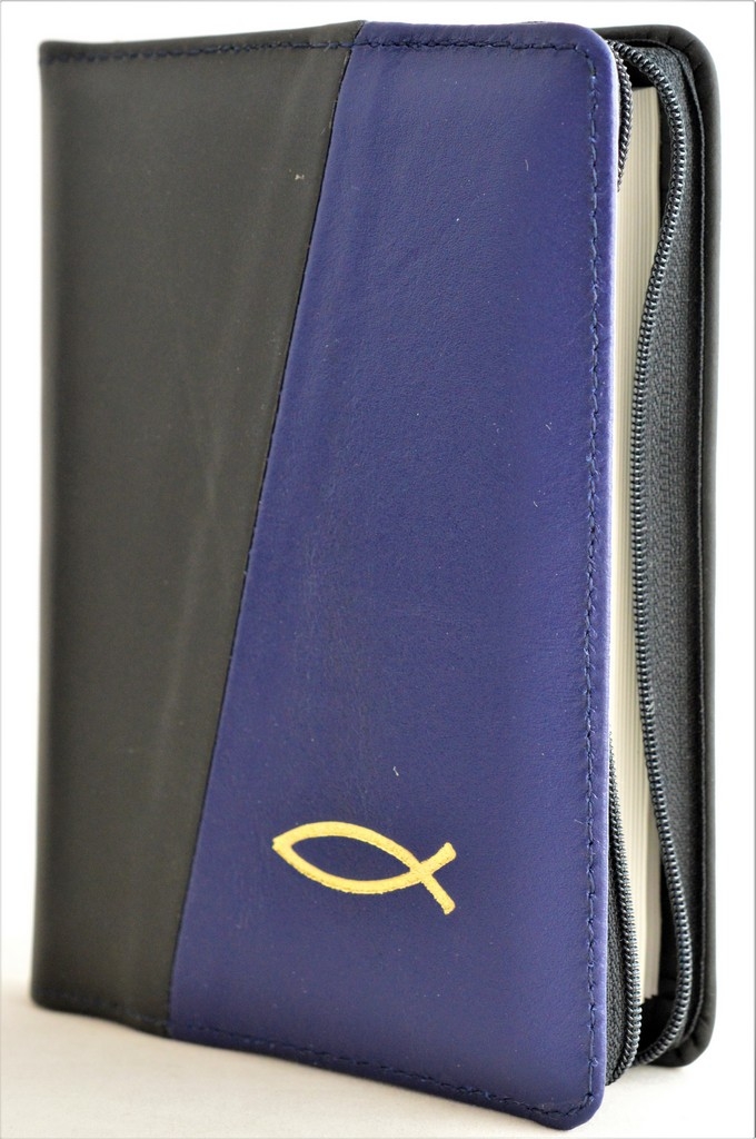 Biblie din piele, mica, culoare negru / albastru indigo, fermoar, margini albe, simbolul peste, cuv. lui Isus in rosu [043 PF]