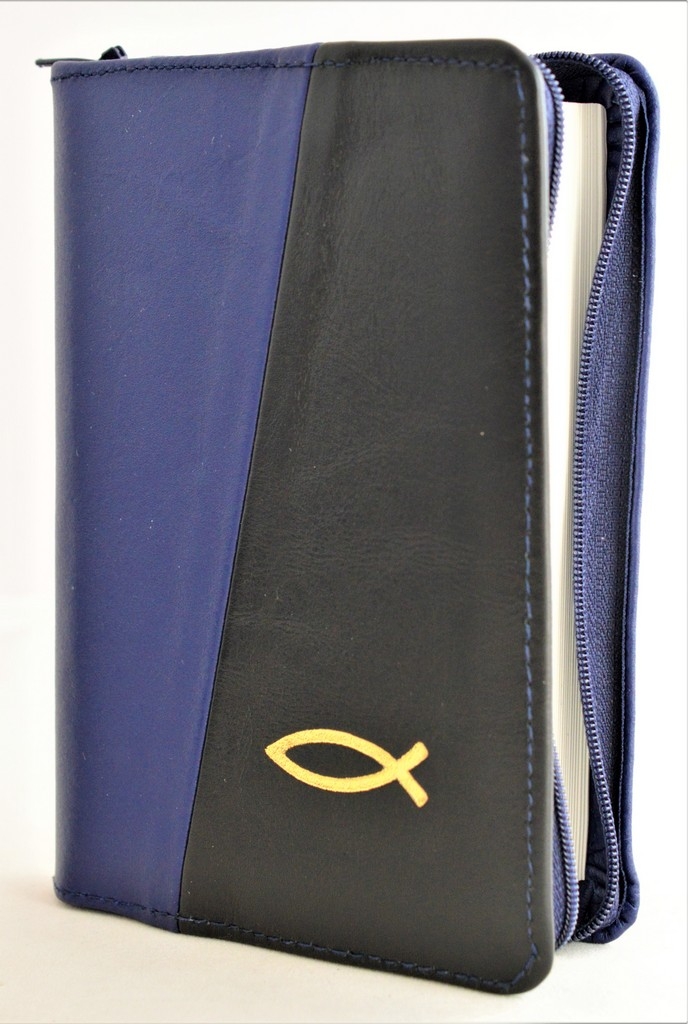 Biblie din piele, mica, culoare albastru indigo / negru, fermoar, margini albe, simbolul peste, cuv. lui Isus in rosu [043 PF]