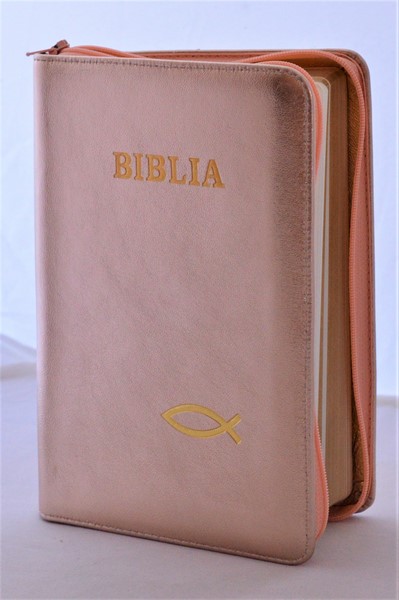 Biblia din piele, medie, roz coral sidefat, fermoar, aurita, simbolul peste, cuv. lui Isus cu rosu [052]