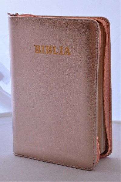 Biblia din piele, medie, roz coral sidefat, fermoar, aurita, cuv. lui Isus cu rosu [052]
